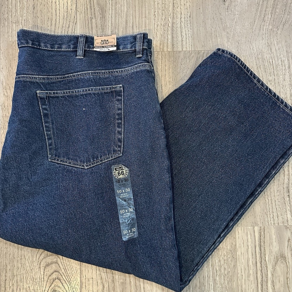 NWT Mens Route 66 Pants Jeans Dark Blue Relaxed Fit‎ Side Elastic Size 50x30